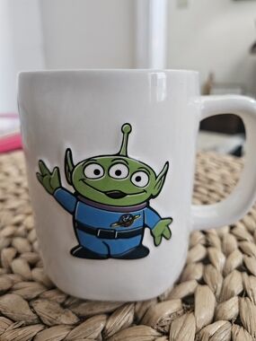 White Ceramic Coffee Mug w/ Green Three-Eyed Alien From Toy Story